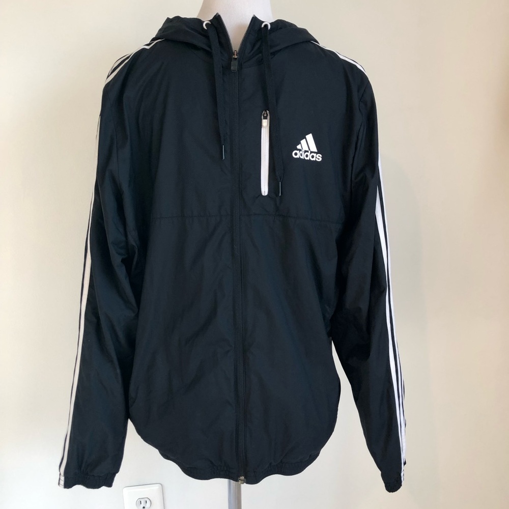 Adidas Black Lightweight Full Zip Windbreaker Hooded Jacket, size Large